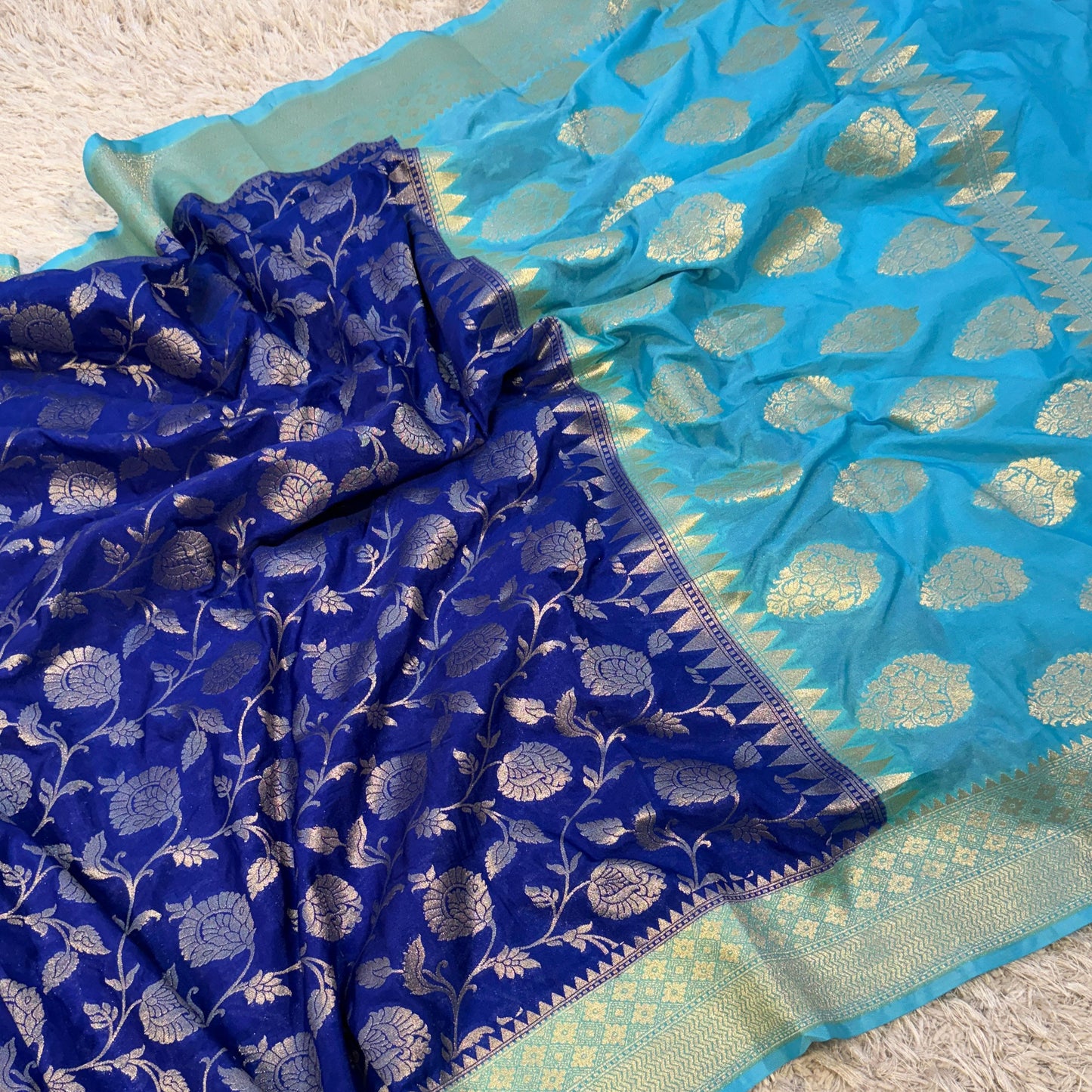 Blue Banarasi Mashroo Katan Meenakari Soft Silk Saree