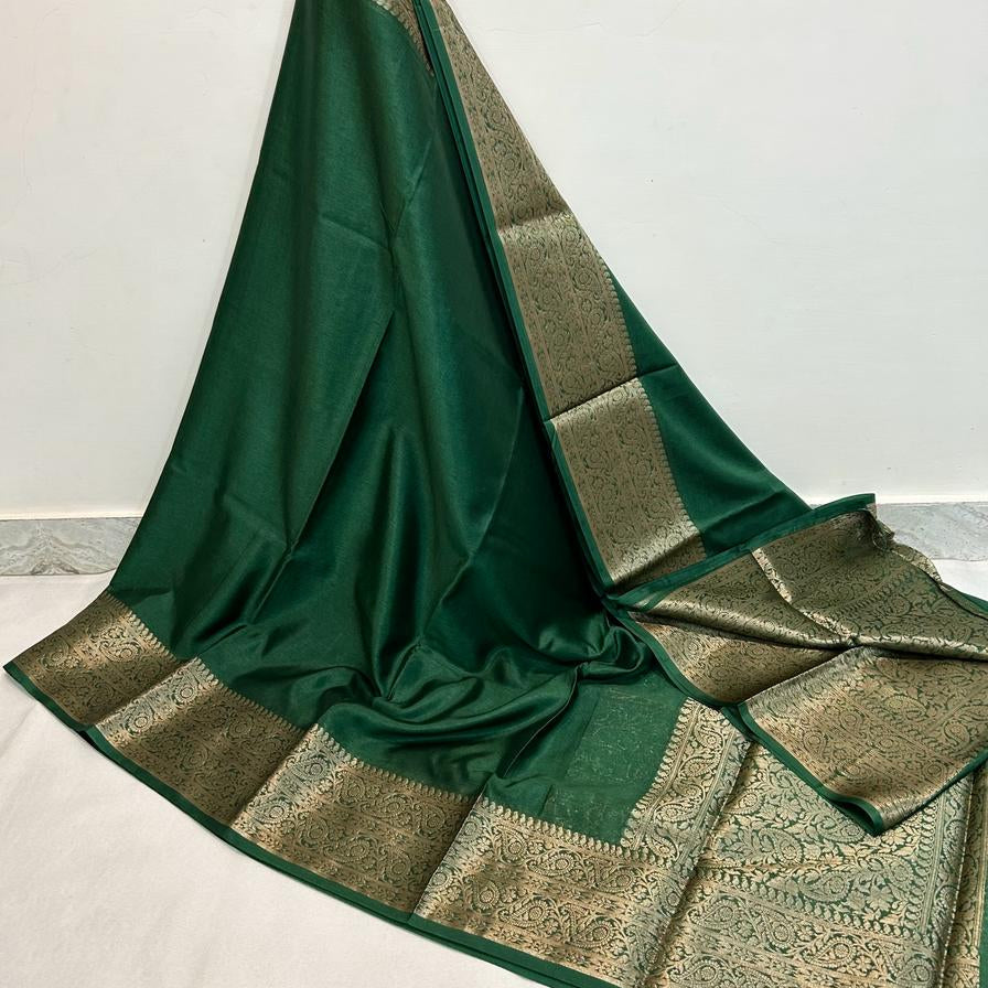 Green Banarasi Plain Kathan Silk Saree Alna Apparels