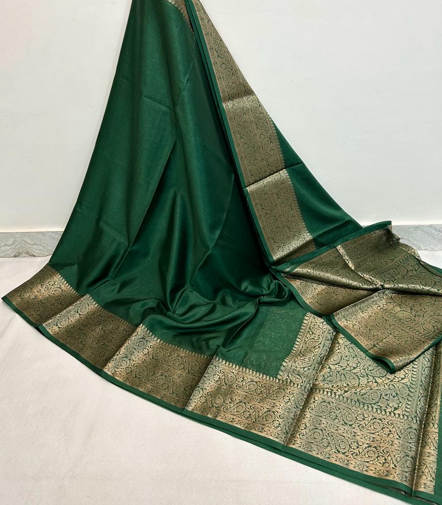 Green Banarasi Plain Kathan Silk Saree Alna Apparels