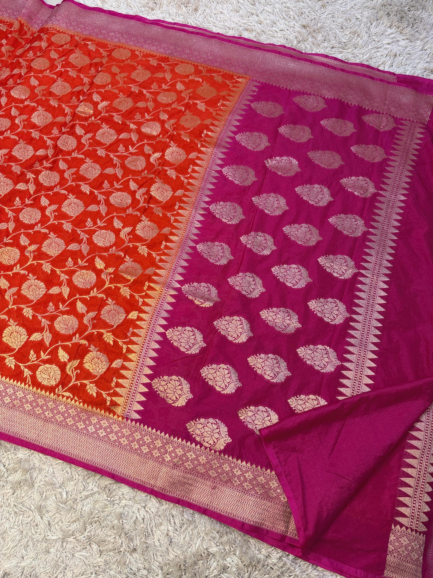 Orange Banarasi Mashroo Kathan Meenakari Soft Silk Saree Alna Apparels