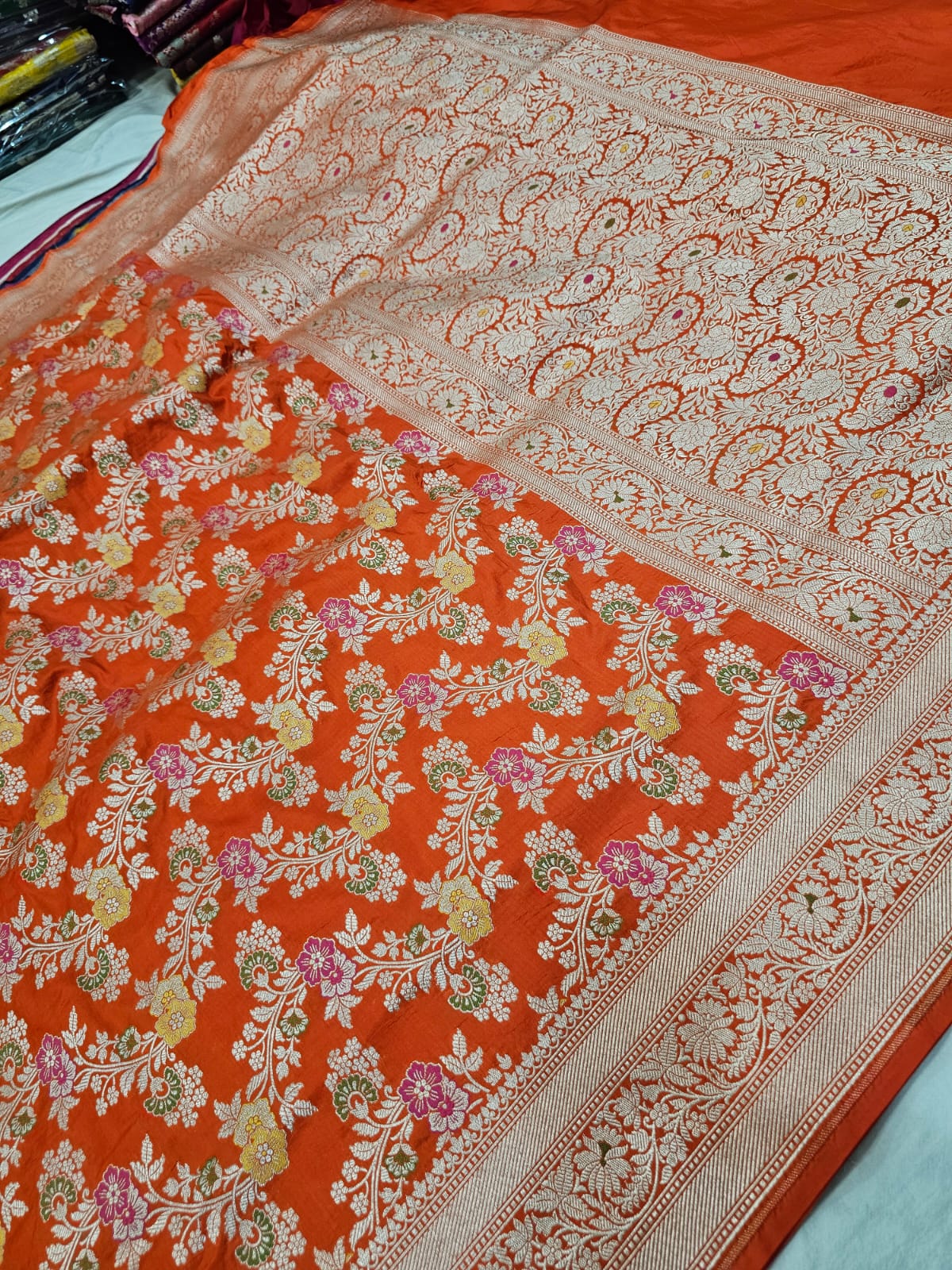 Orange Pure Banarasi Kathan Silk Saree With Minakari Work Alna Apparels