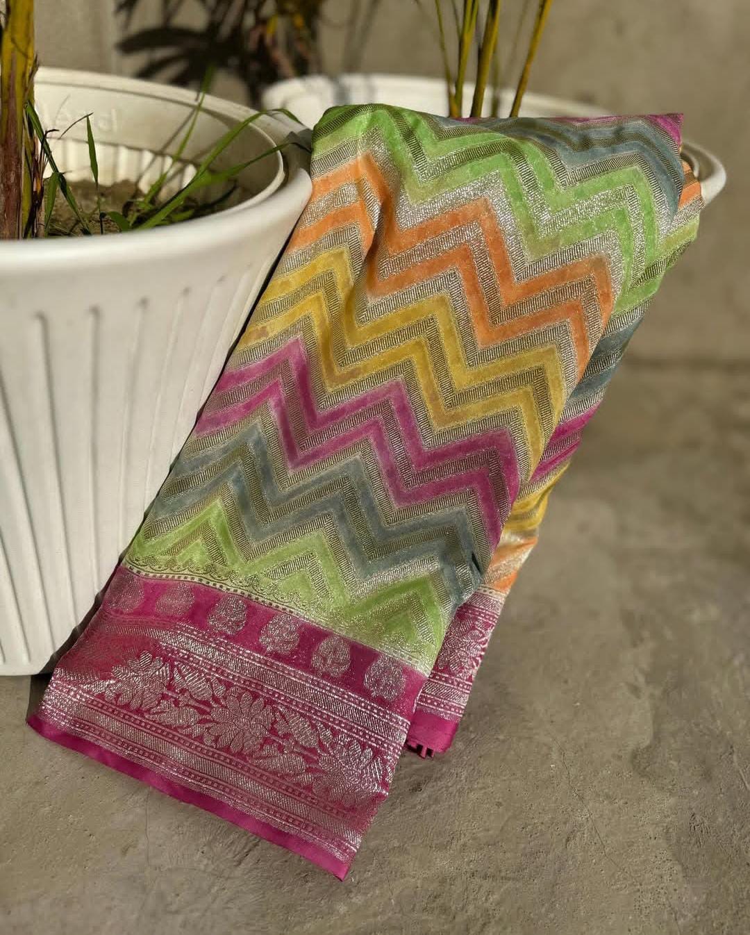 Multicolor Banarsi Semi Khaddi Georgette with Zig Zag Design