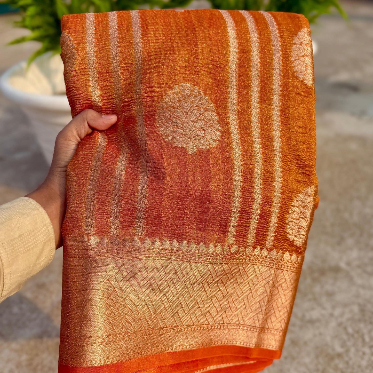 Orange Banarasi Crush Tissue Silk Saree