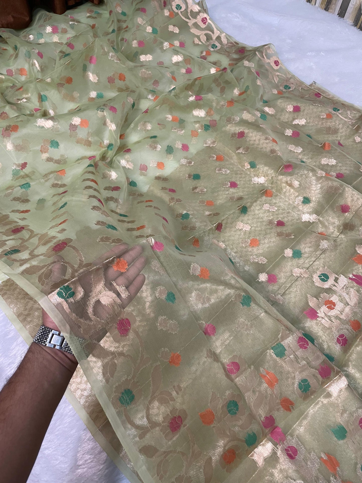Light Green Banarasi Kora Organze Silk Saree Alna Apparels