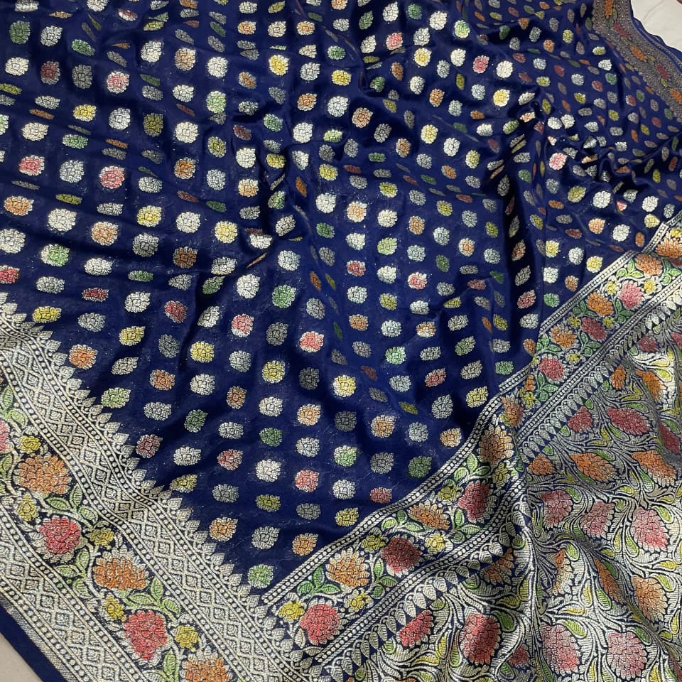 Navy Blue Banarasi Khaddi Georgette Silk Saree