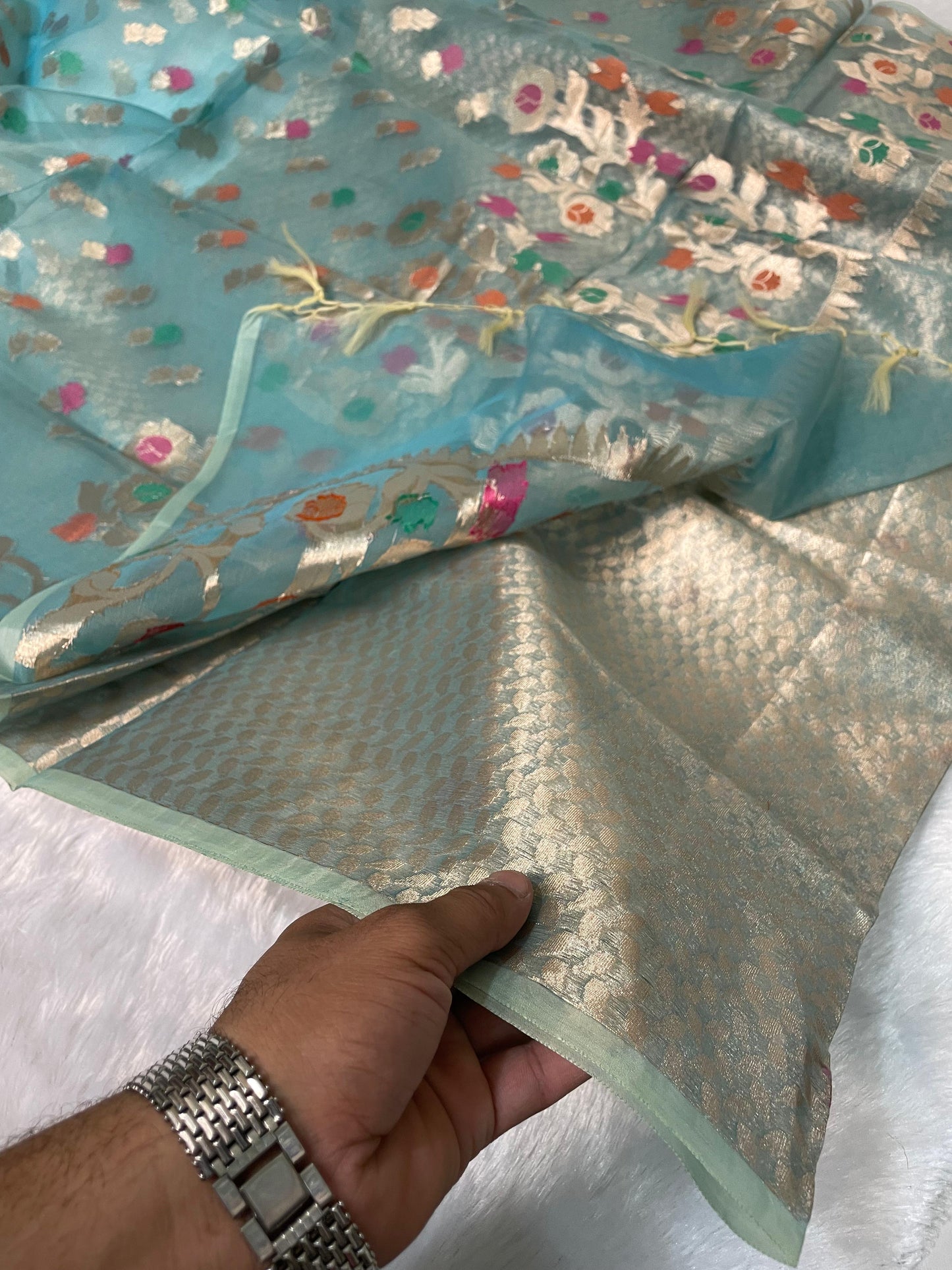 Blue Banarasi Cora Organze Silk Saree Alna Apparels