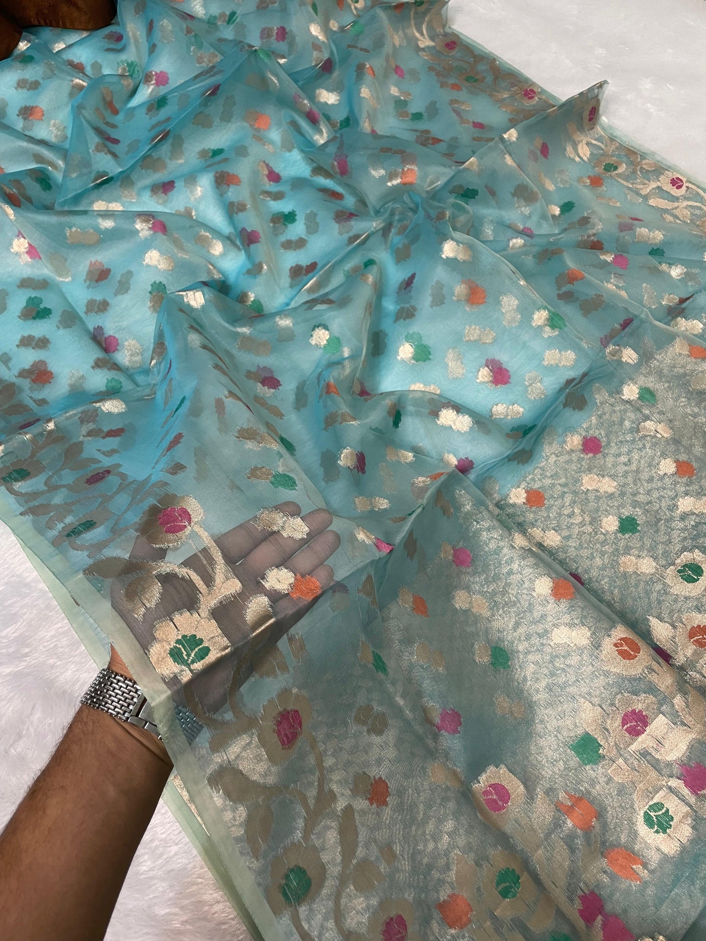 Blue Banarasi Cora Organze Silk Saree Alna Apparels