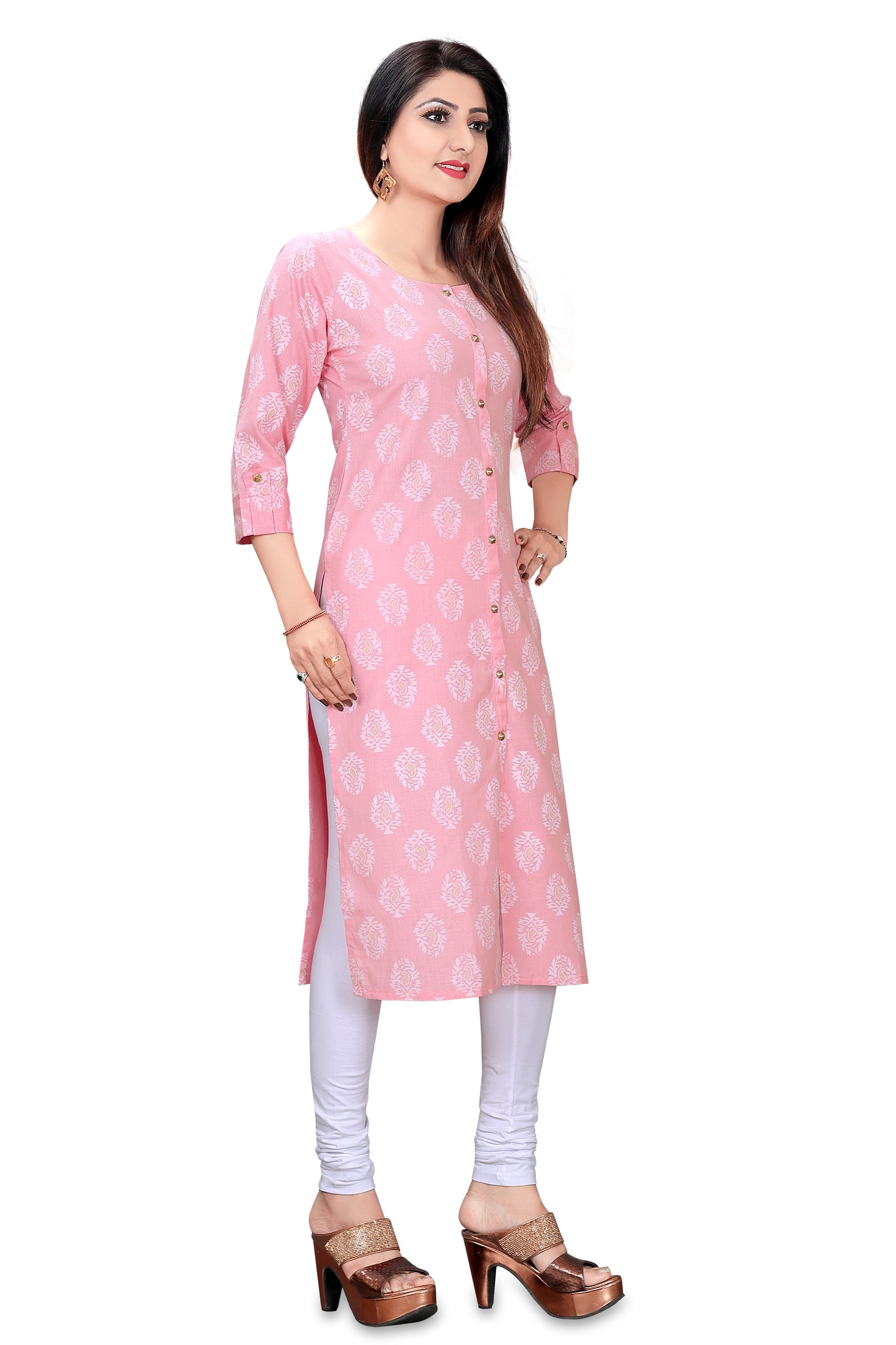 Pink Color Front and Side Slits Cotton Kurta