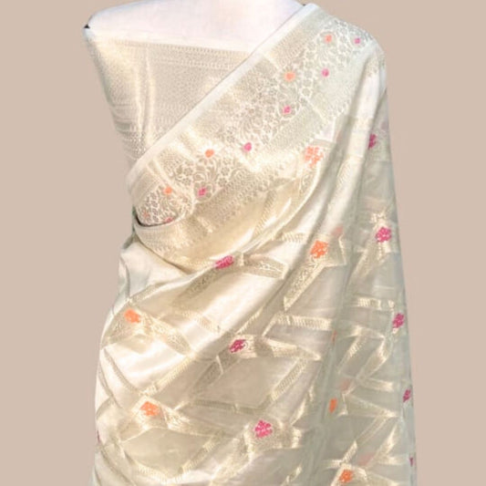 White Banarasi Mysore Silk Saree