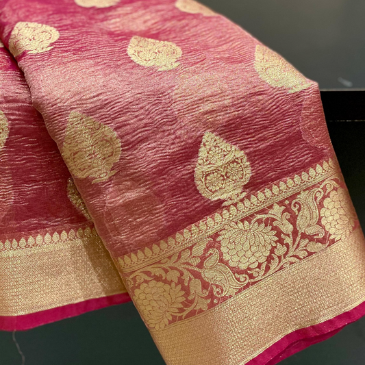 Pink Banarasi Crush Tissue Silk Saree