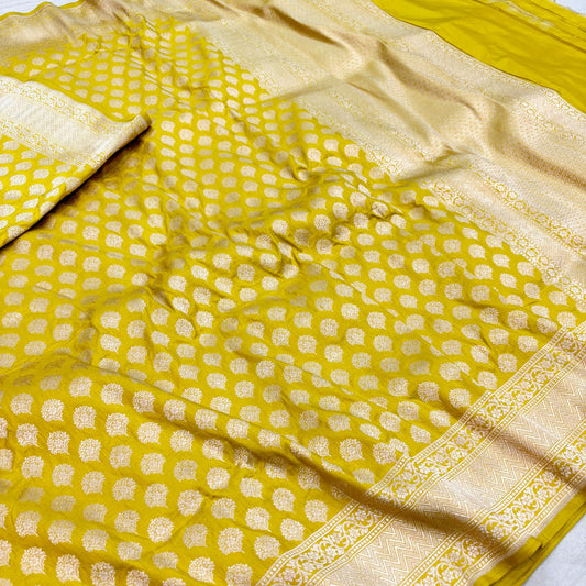 Yellow Pure Banarasi Kathan Hand Loom Silk Saree Alna Apparels
