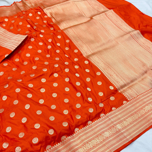 Orange Pure Banarasi Kathan Hand Loom Silk Saree Alna Apparels