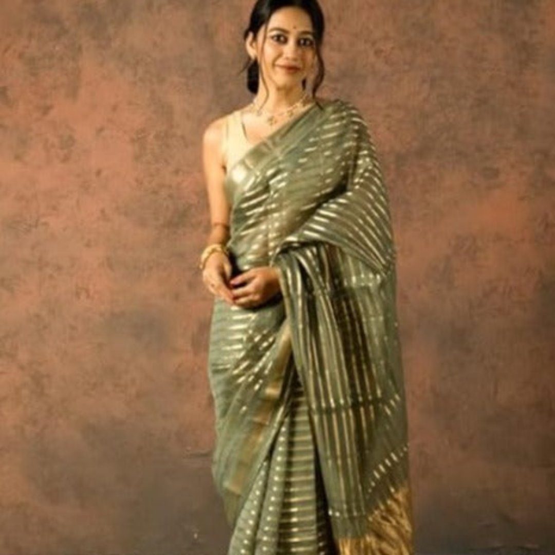 Olive Green Banarasi Organza Silk Saree