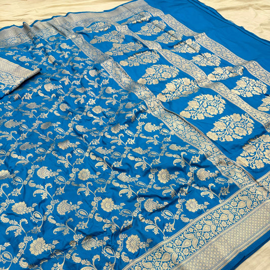 Teal Bule Pure Banarasi Kathan Hand Loom Silk Saree Alna Apparels