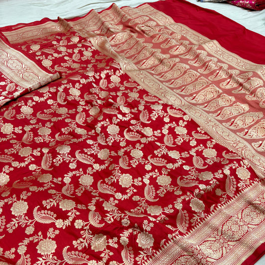 Red Pure Banarasi Kathan Hand Loom Silk Saree Alna Apparels