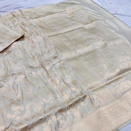 Beige Pure Banarasi Kathan Hand Loom Silk Saree Alna Apparels
