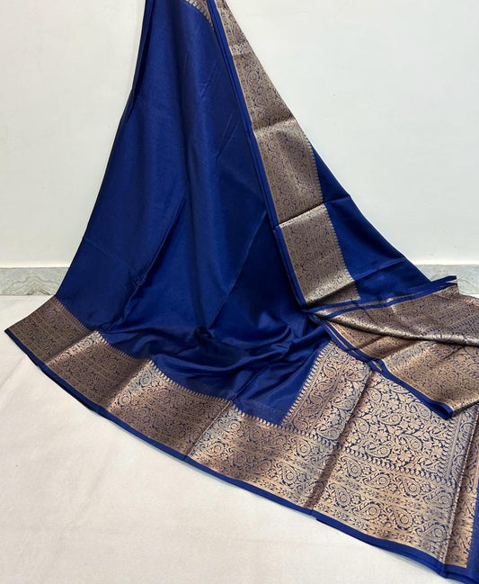 Blue Banarasi Plain Kathan Silk Saree Alna Apparels