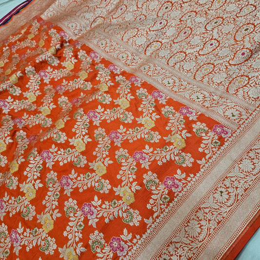 Orange Pure Banarasi Kathan Silk Saree With Minakari Work Alna Apparels