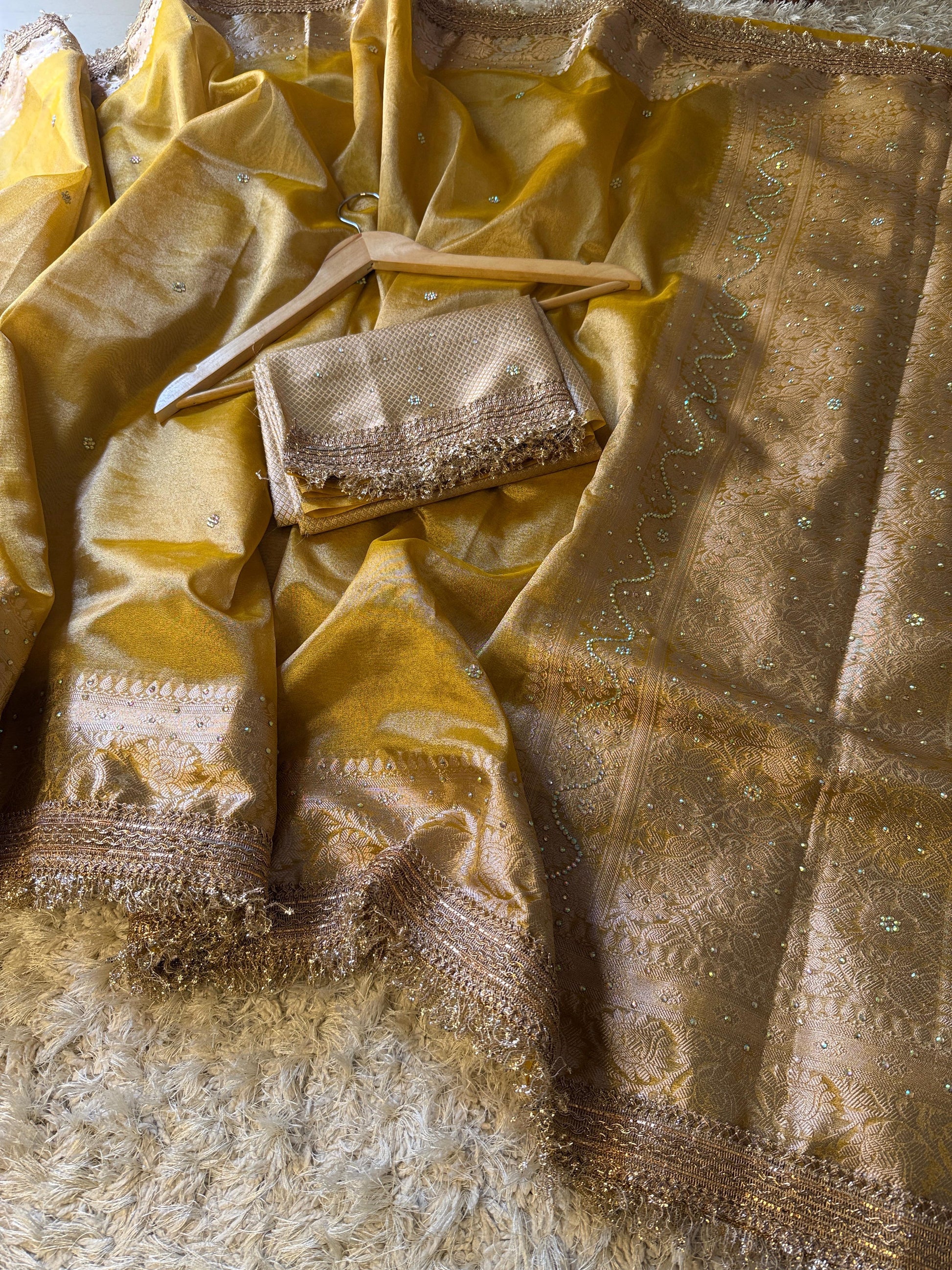 Gold Banarasi Tissue Silk Saree Classy Stone Work With Lace Alna Apparels
