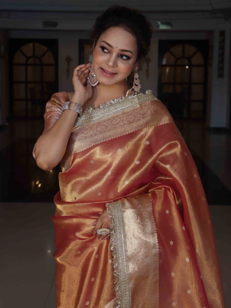 Orange Banarasi Handwoven Tissue Silk Saree With Zari Buti Design & Lace Work Alna Apparels