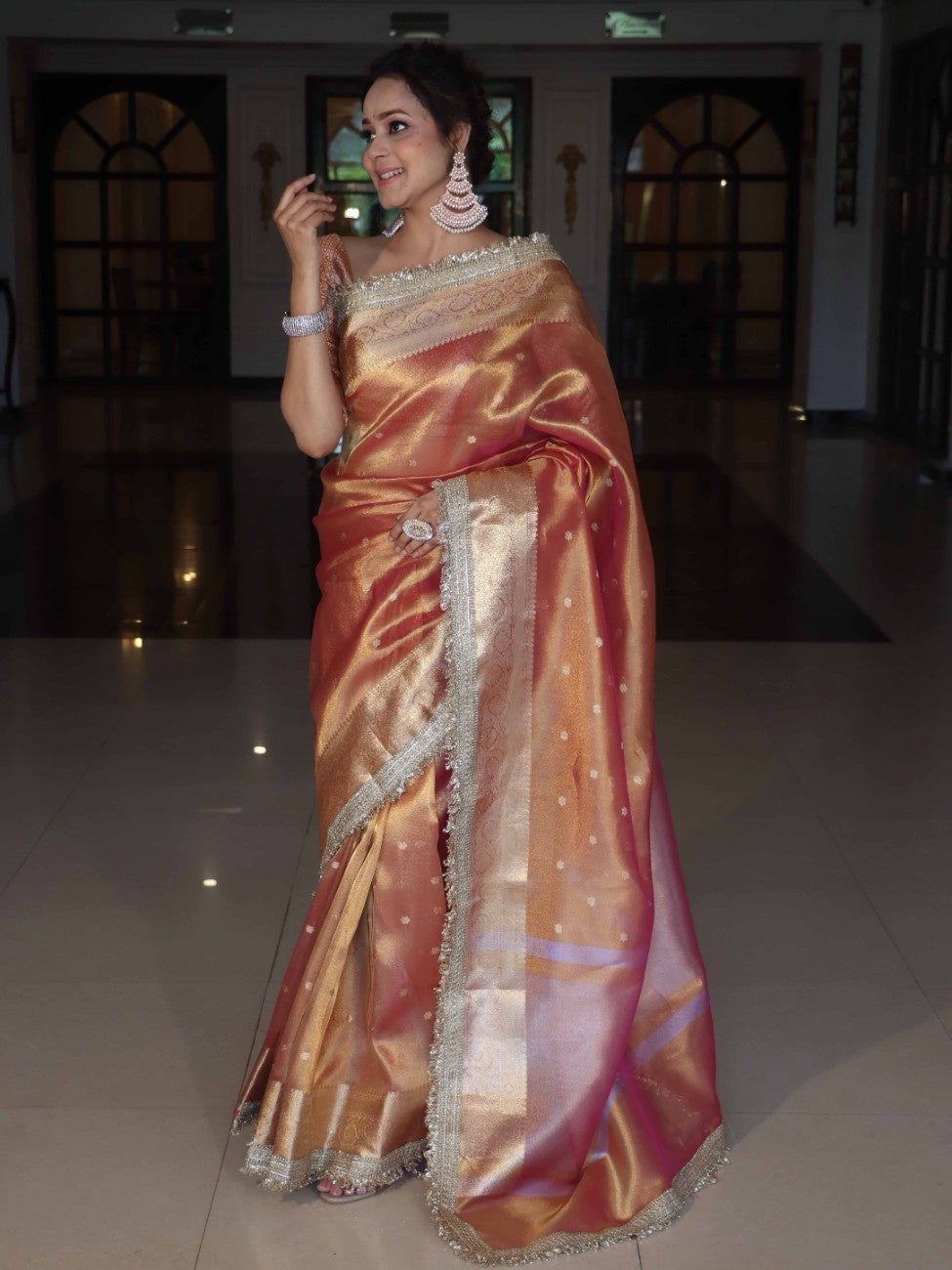 Orange Banarasi Handwoven Tissue Silk Saree With Zari Buti Design & Lace Work Alna Apparels