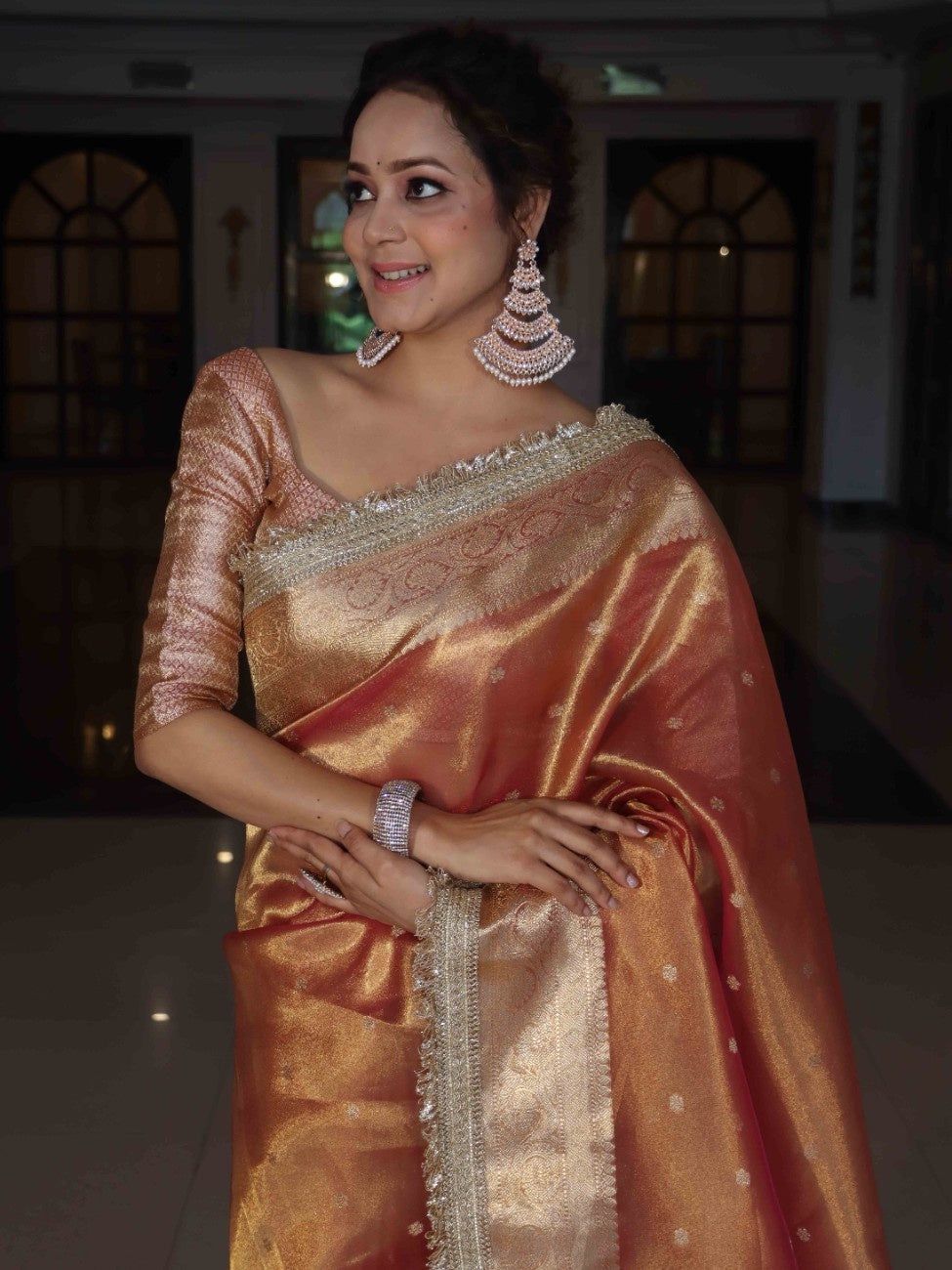 Orange Banarasi Handwoven Tissue Silk Saree With Zari Buti Design & Lace Work Alna Apparels