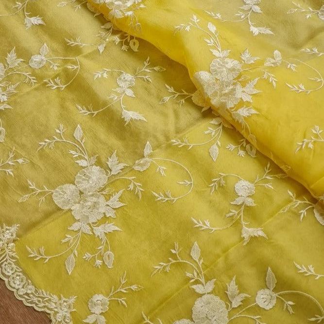 Light Yellow Banarasi Organza Silk Embroidery  Saree