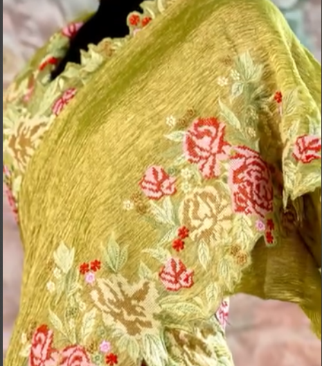 Green Banarasi Crush Tissue Embroidery Cutwork Saree Alna Apparels