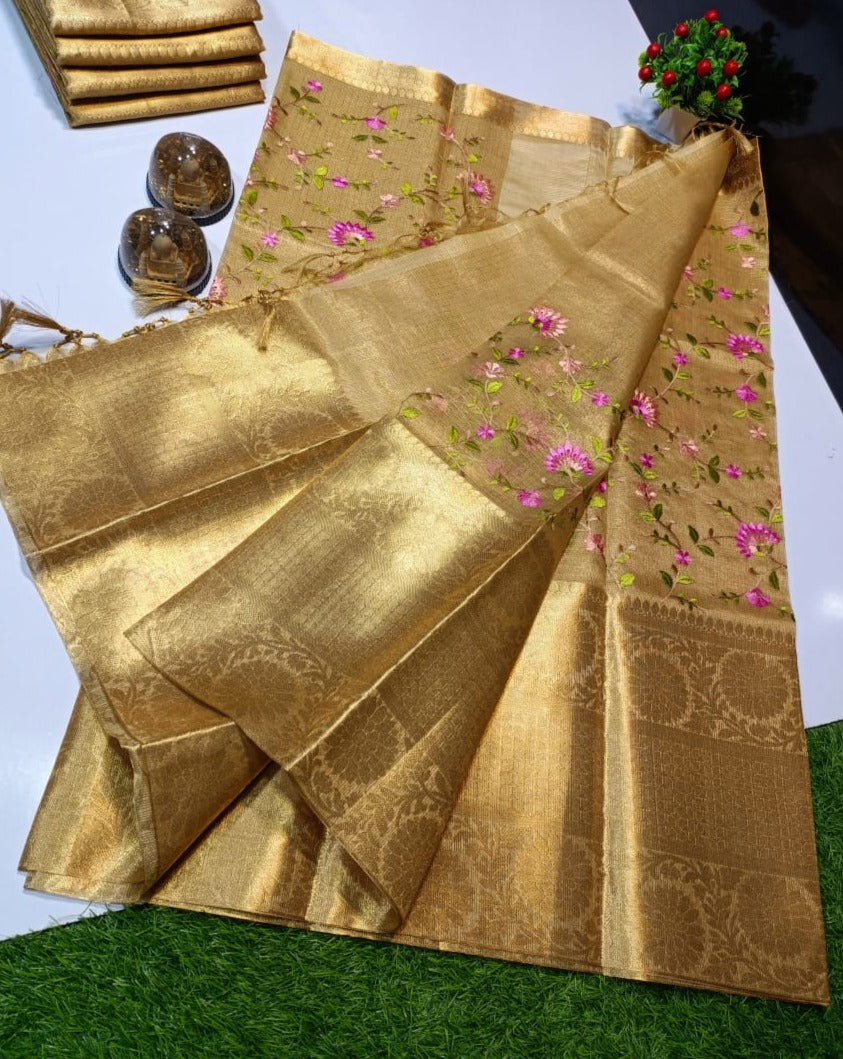 Golden Banarasi Soft Tissue Silk Saree