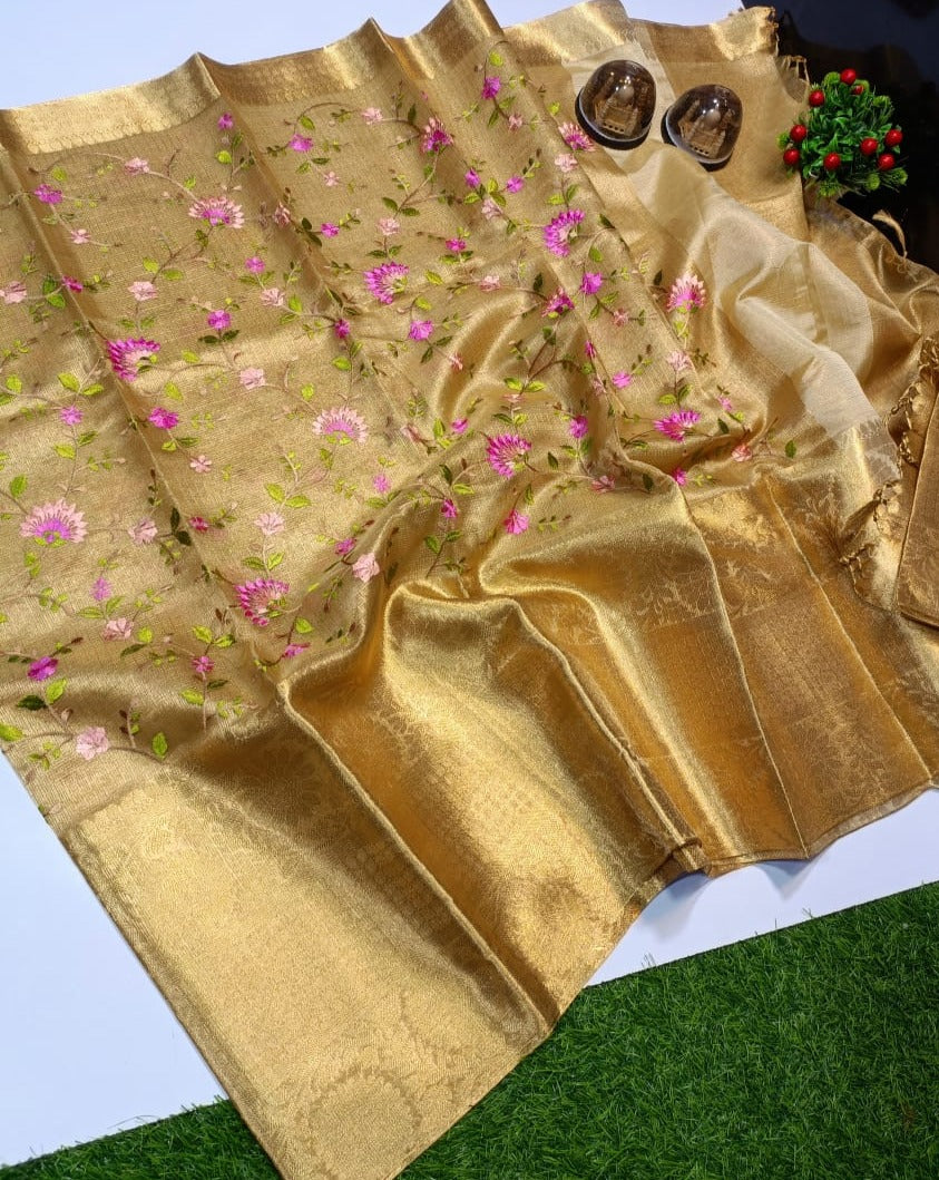 Golden Banarasi Soft Tissue Silk Saree