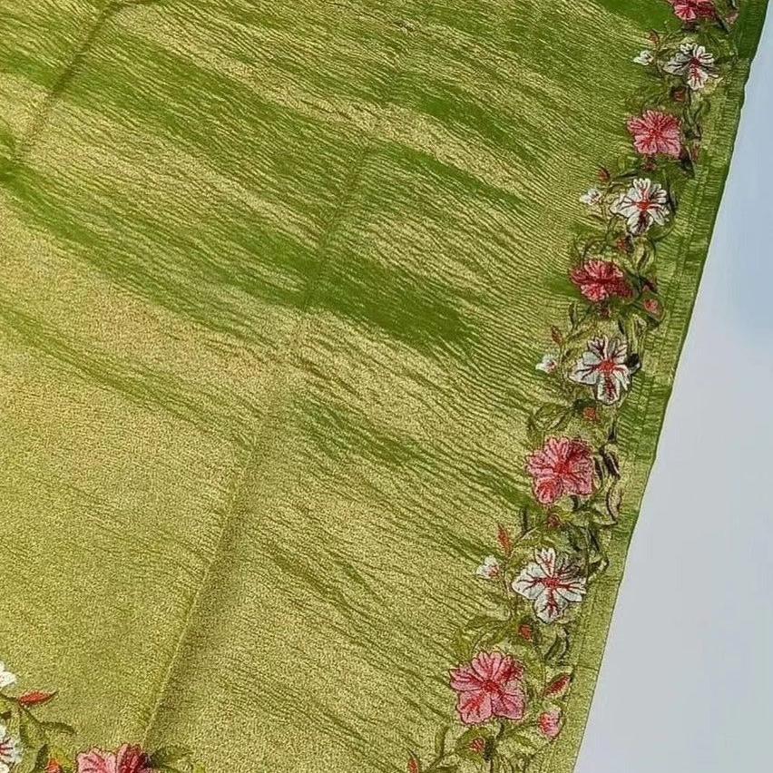 Green Banarasi Crush Tissue Embroidery Cutwork Saree