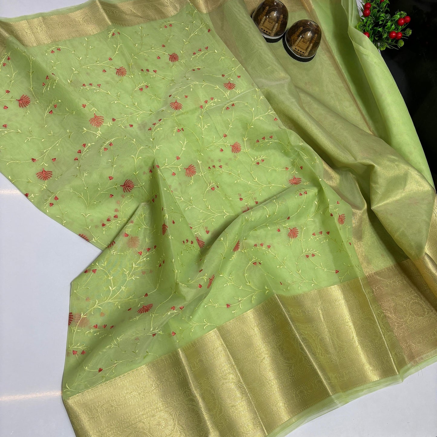 Green Banarasi Organza Silk Embroidery Saree