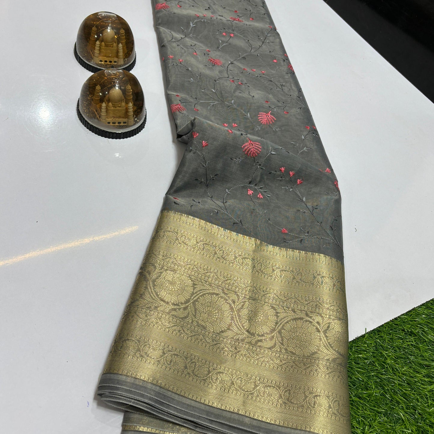 Grey Banarasi Organza Silk Embroidery Saree