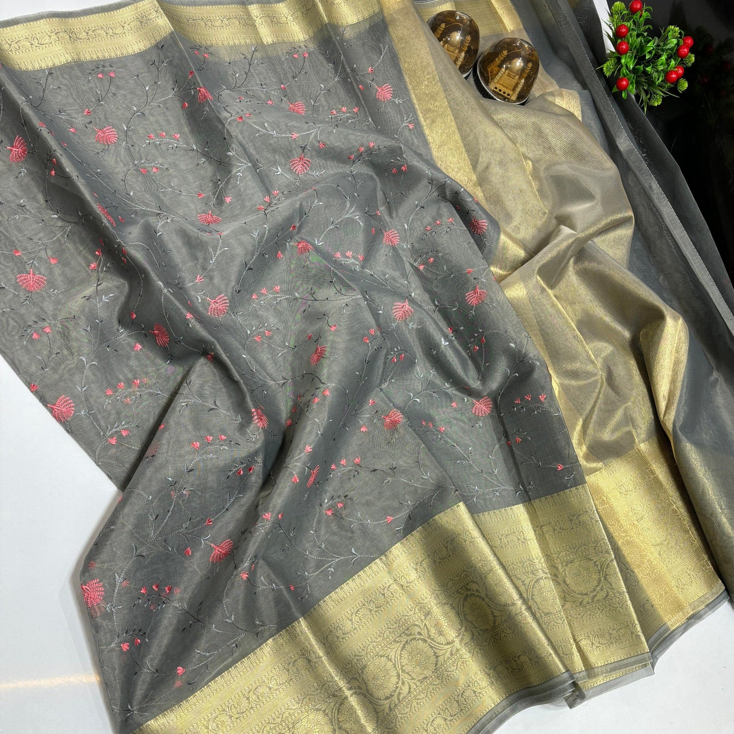 Grey Banarasi Organza Silk Embroidery Saree