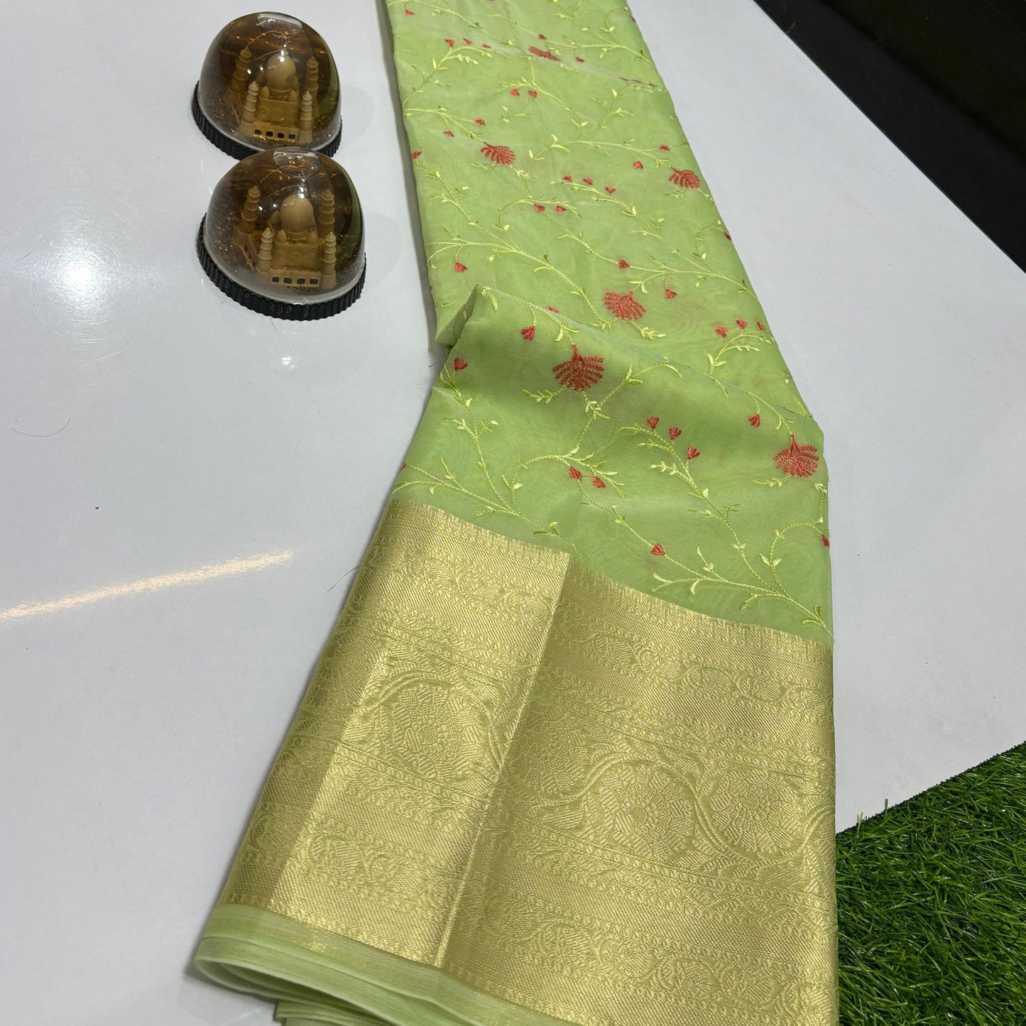 Green Banarasi Organza Silk Embroidery Saree