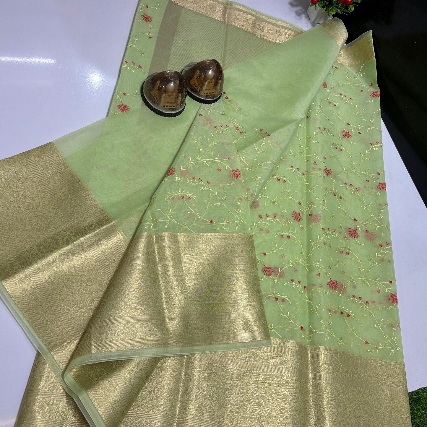 Green Banarasi Organza Silk Embroidery Saree