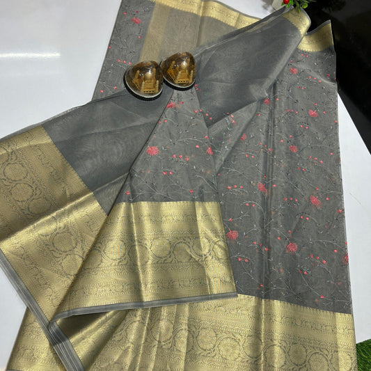 Grey Banarasi Organza Silk Embroidery Saree