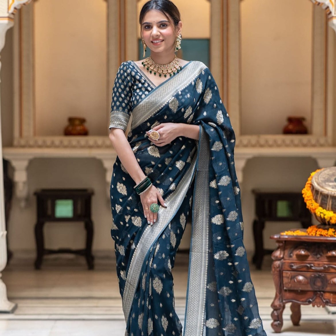 Navy Blue Banarasi Georgette Saree