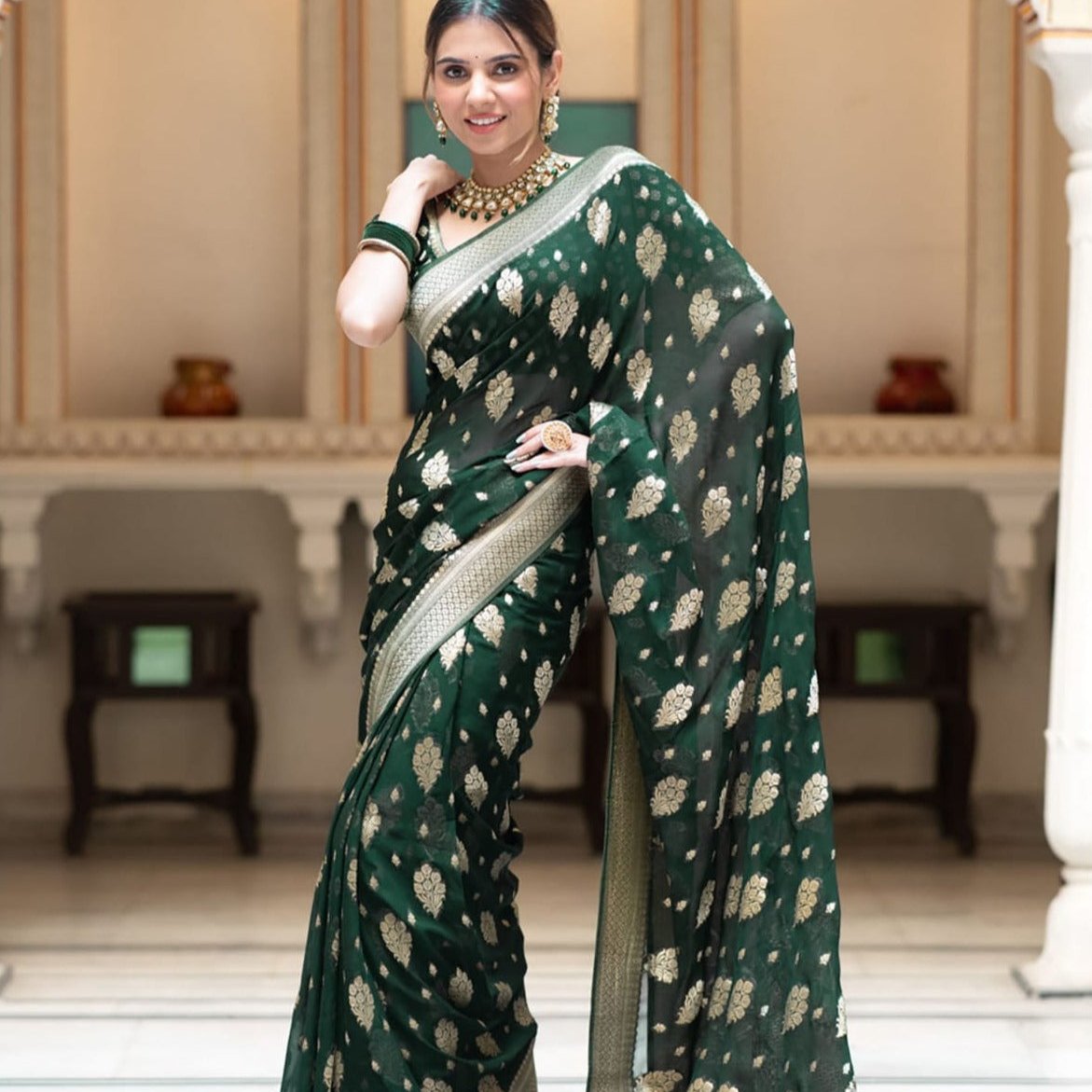 Green Banarasi Georgette Saree