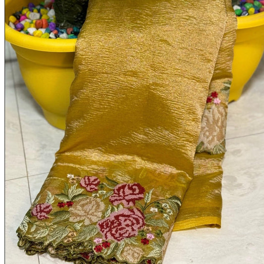 Gold Banarasi Crush Tissue Embroidery Cutwork Saree