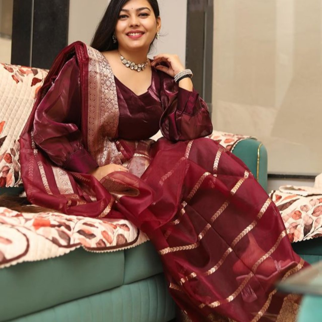 Maroon Banarasi Organza Silk Saree