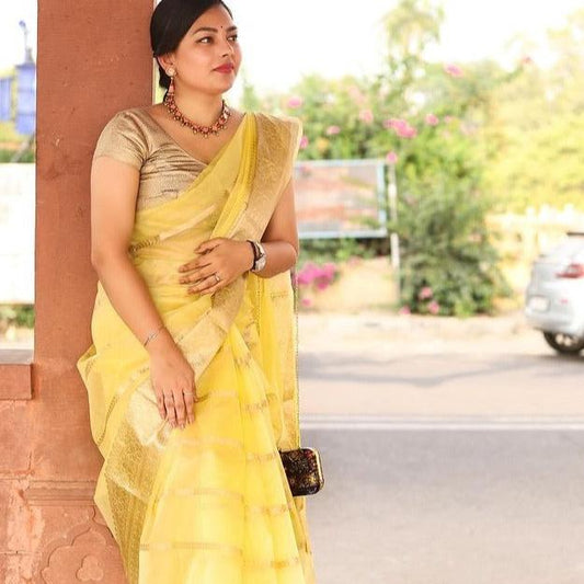 Light Yellow Banarasi Organza Silk Saree