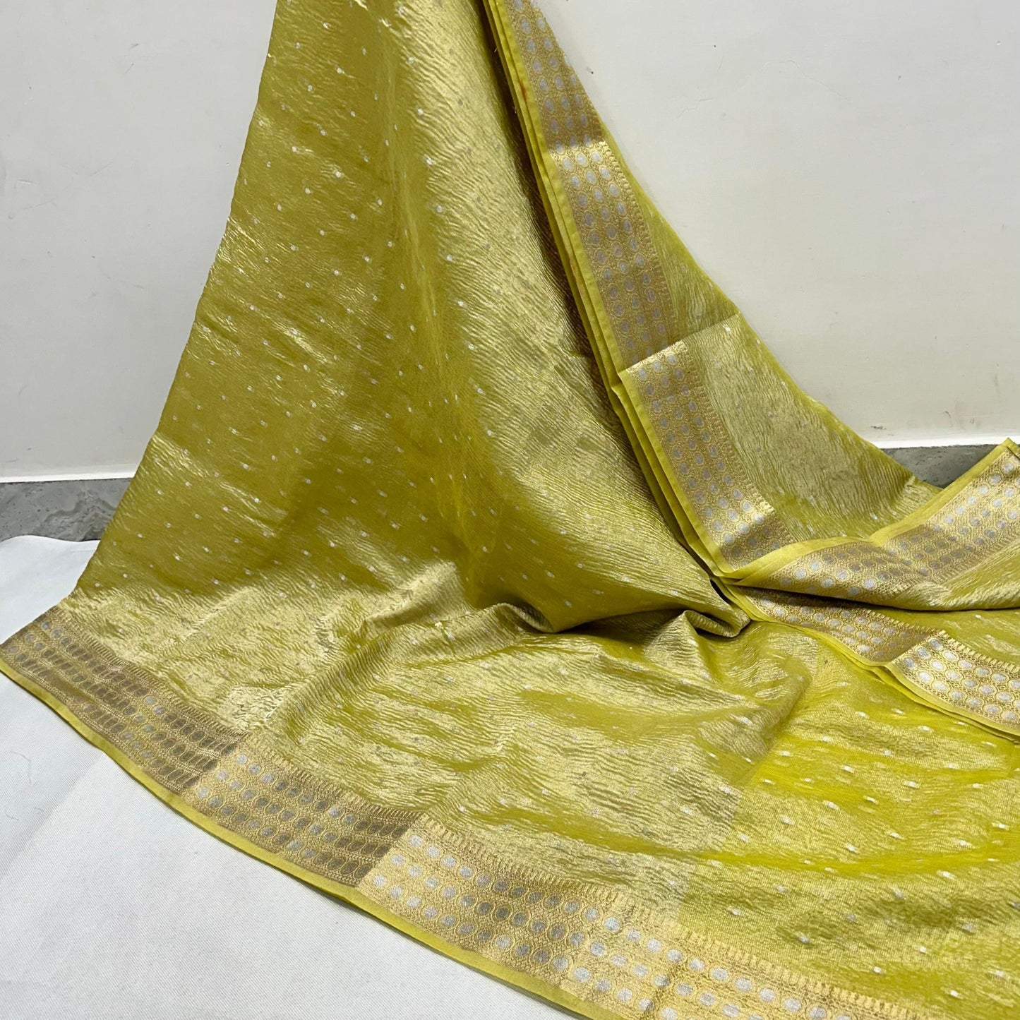 Yellow Banarasi Crush Tissue Silk Saree