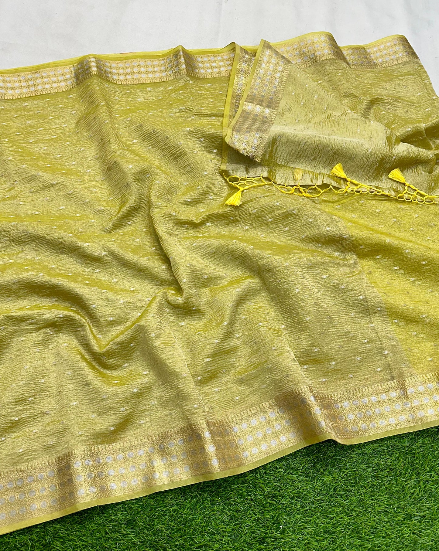 Yellow Banarasi Crush Tissue Silk Saree