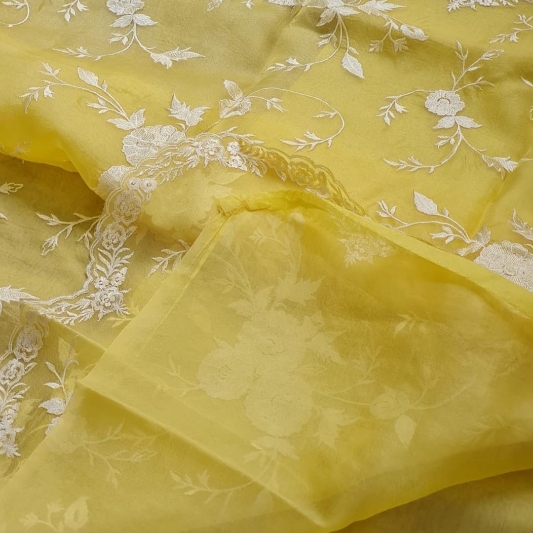 Light Yellow Banarasi Organza Silk Embroidery  Saree