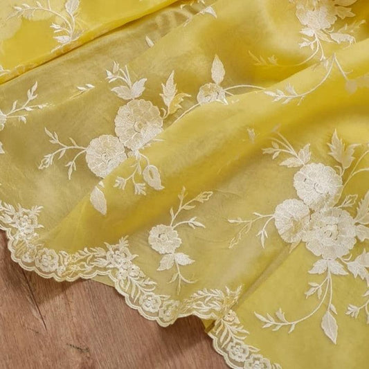 Light Yellow Banarasi Organza Silk Embroidery  Saree