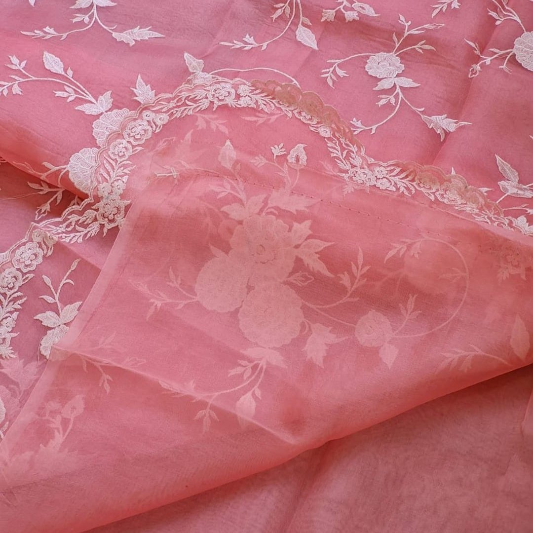 Pink Banarasi Organza Silk Embroidery Saree