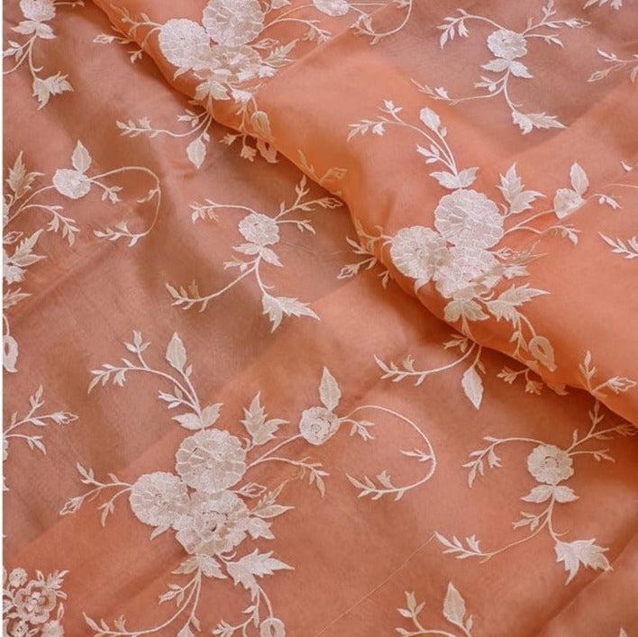 Cream Color Banarasi Organza Silk Embroidery Saree