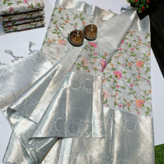 Silver Banarasi Embroidery Soft Tissue Silk Saree