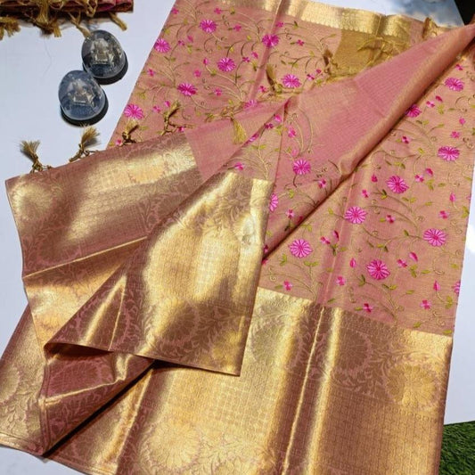 Rose Gold Banarasi Embroidery Soft Tissue Silk Saree